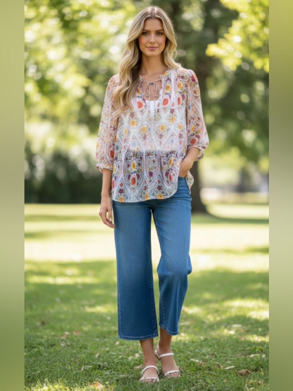 (#90)DANIEL RAINN Floral Tie-Neck Peasant Blouse